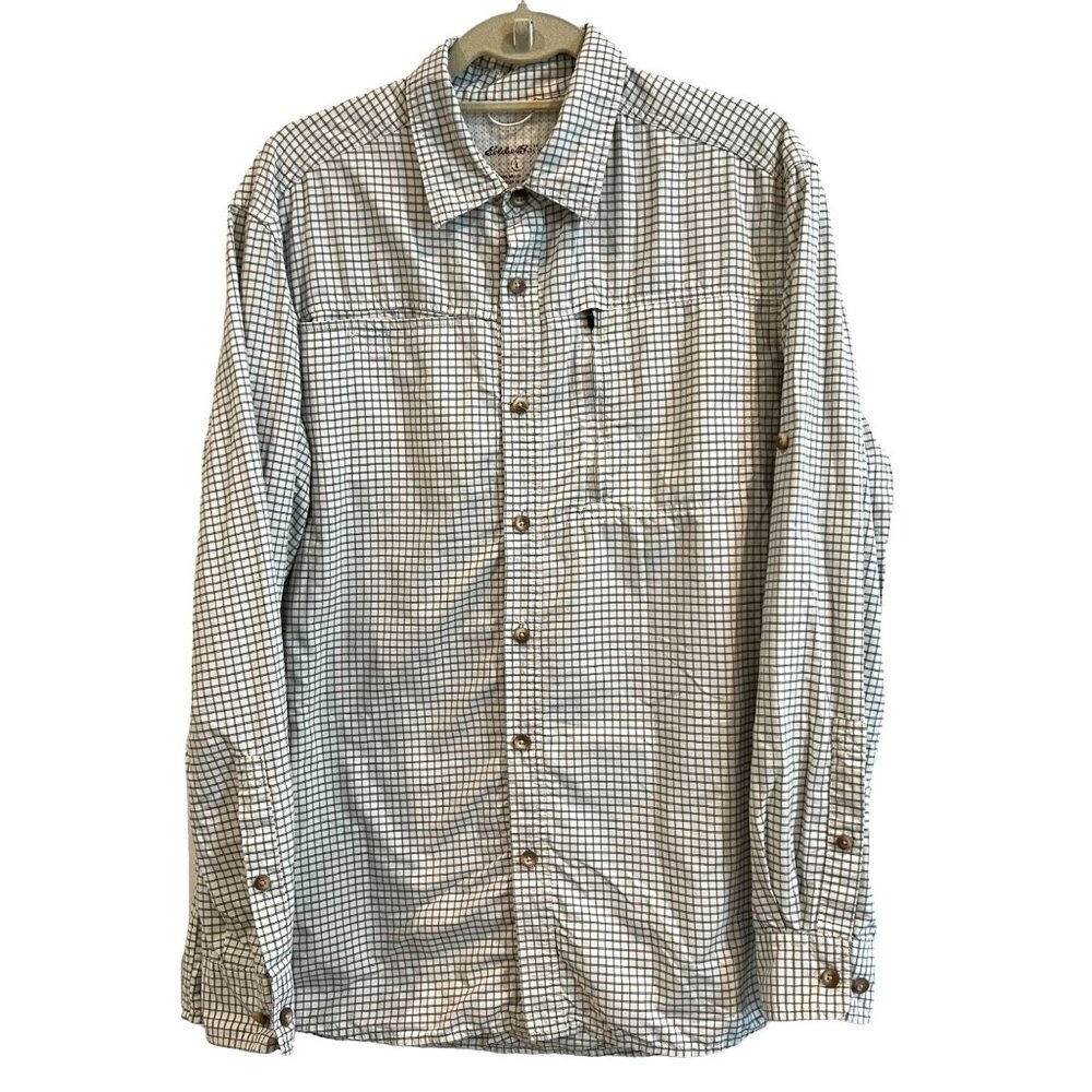 Eddie Bauer Tattersall Shirt Mens White Black Long Sleeve Nylon Size L